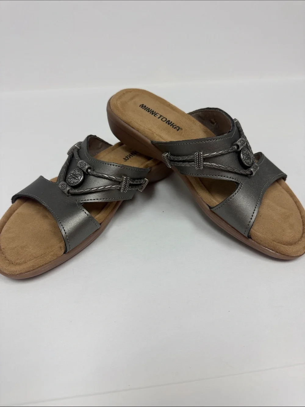 Minnetonka Metallic Gray Double-Strap Slide Sandals with Concho Detail